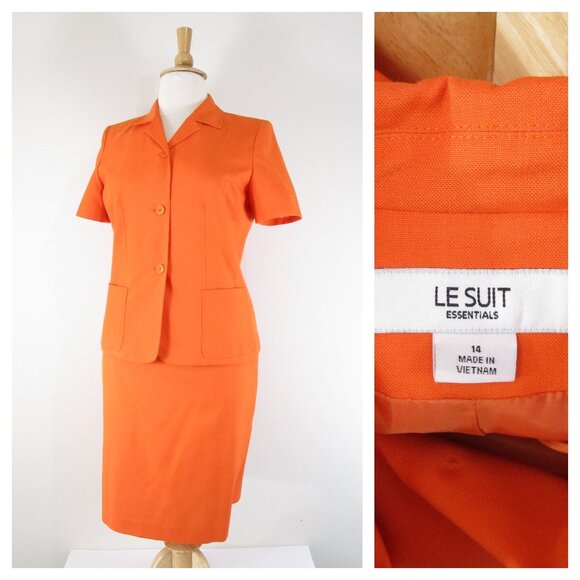 Le Suit Plus Size Solid Orange Short Sleeve Skirt Suit 14 Formal Business Career - Picture 1 of 10